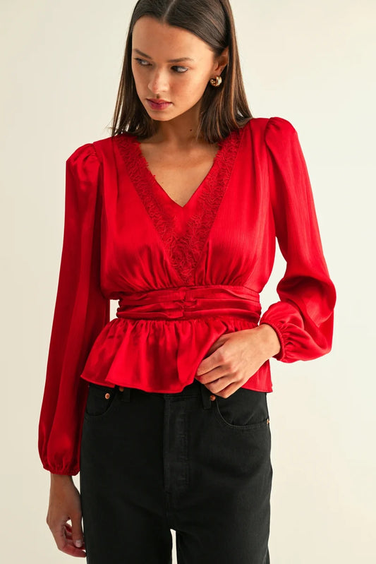 Jordyn Lace Inserted Long Sleeve Peplum Top