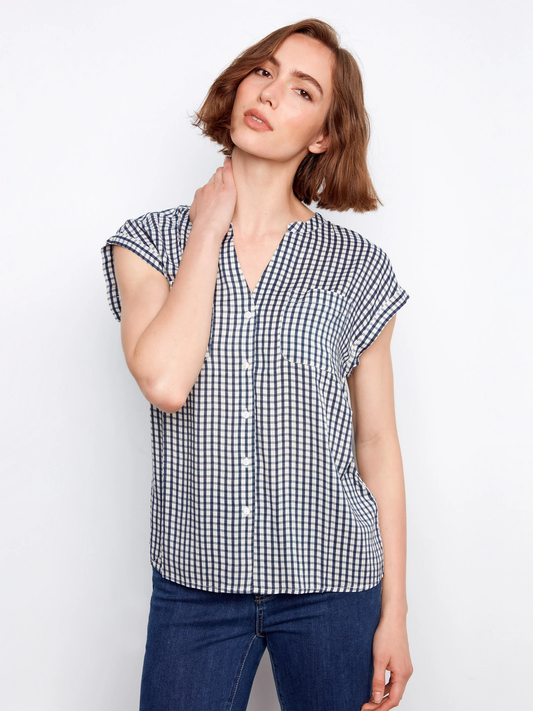 Printed Gingham Button Up Blouse