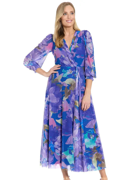 Shirred Faux Twist Bishop Sleeve Maxi Dress