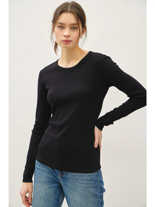 Ribbed Round Neck Long Sleeve Top