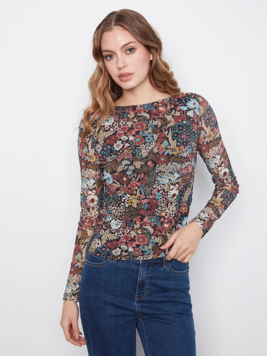 Printed Mesh Boat Neck Top