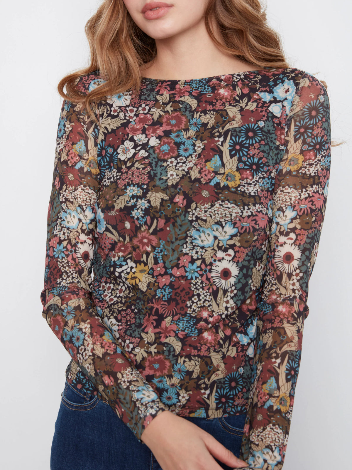 Printed Mesh Boat Neck Top