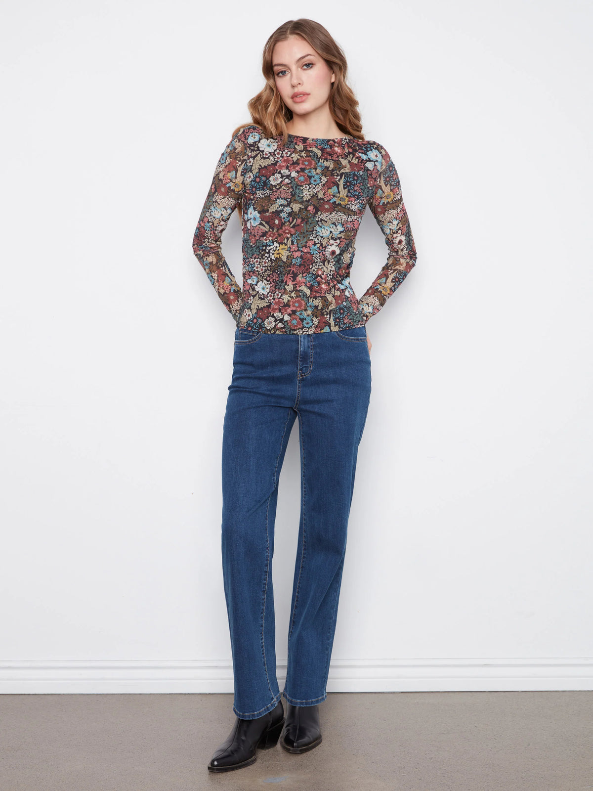 Printed Mesh Boat Neck Top
