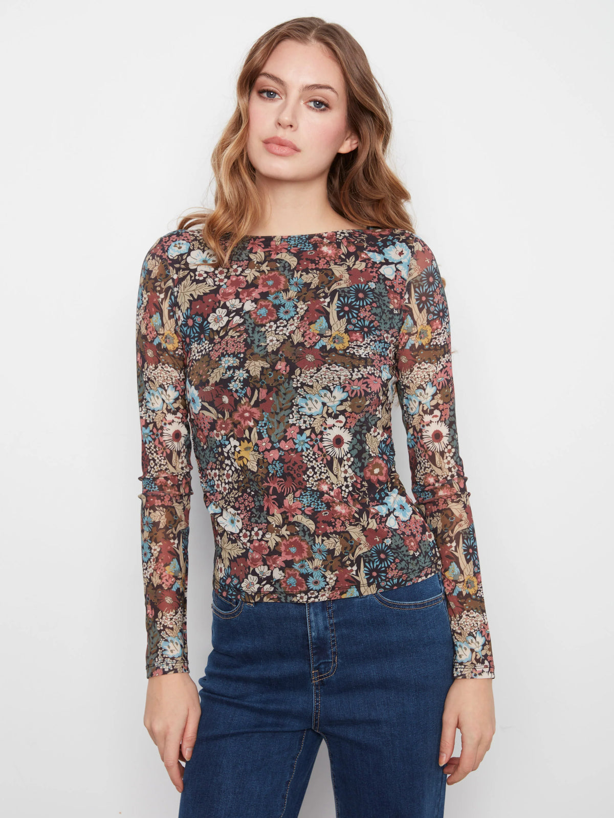 Printed Mesh Boat Neck Top