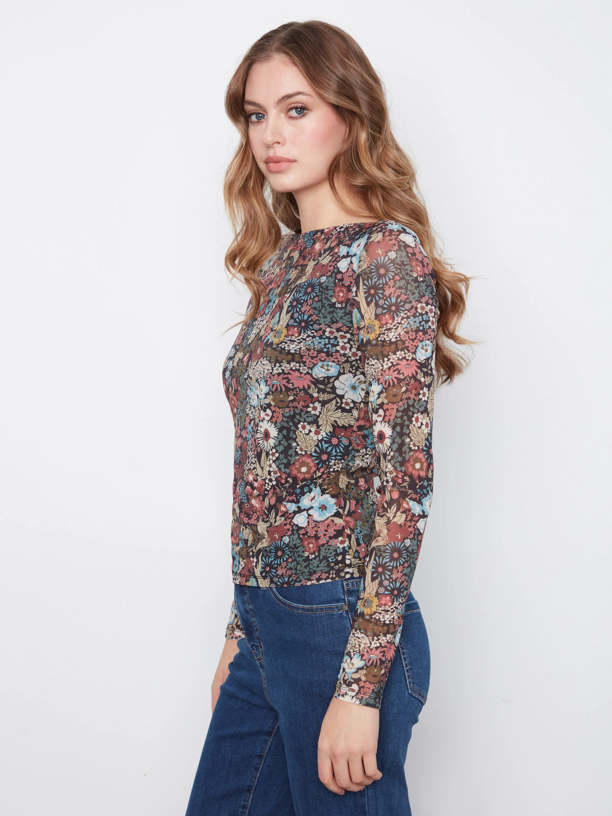 Printed Mesh Boat Neck Top
