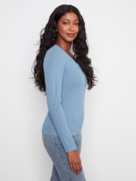 Tencel Rib V-Neck Long Sleeve Top