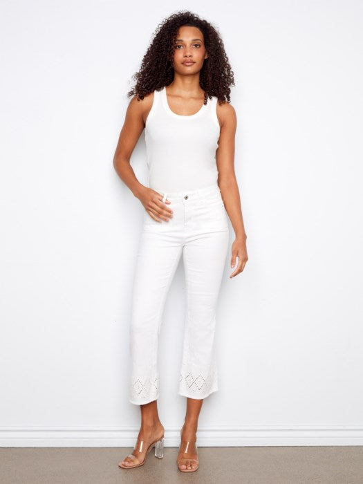 Flare Twill Pants with ZigZag Embroidery