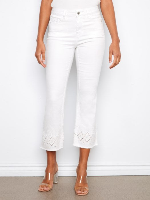 Flare Twill Pants with ZigZag Embroidery