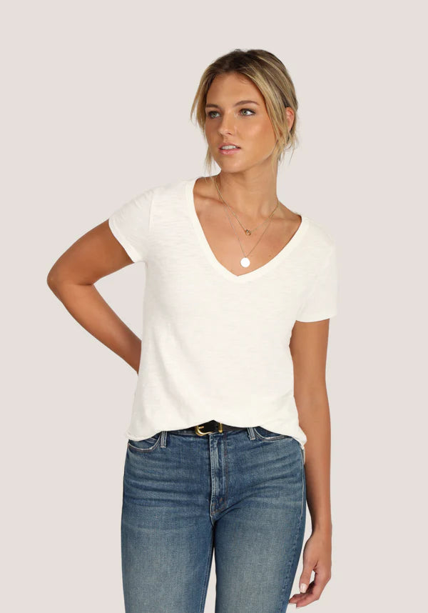 Short Sleeve Deep V-Tee - White