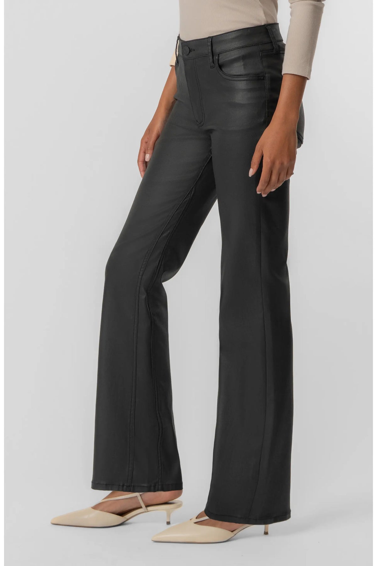 Kelly Coated High Rise Kick Flare Pants