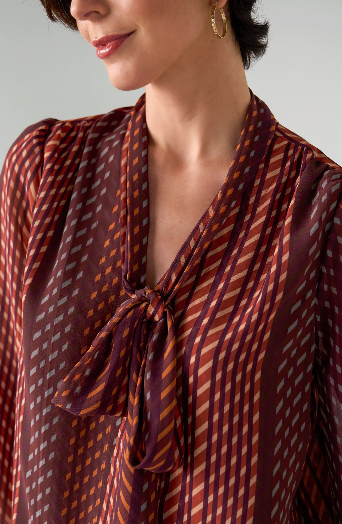 Long Sleeve Woven Blouse with Neck Tie