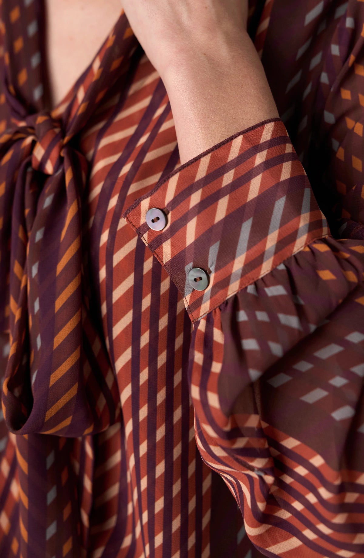 Long Sleeve Woven Blouse with Neck Tie