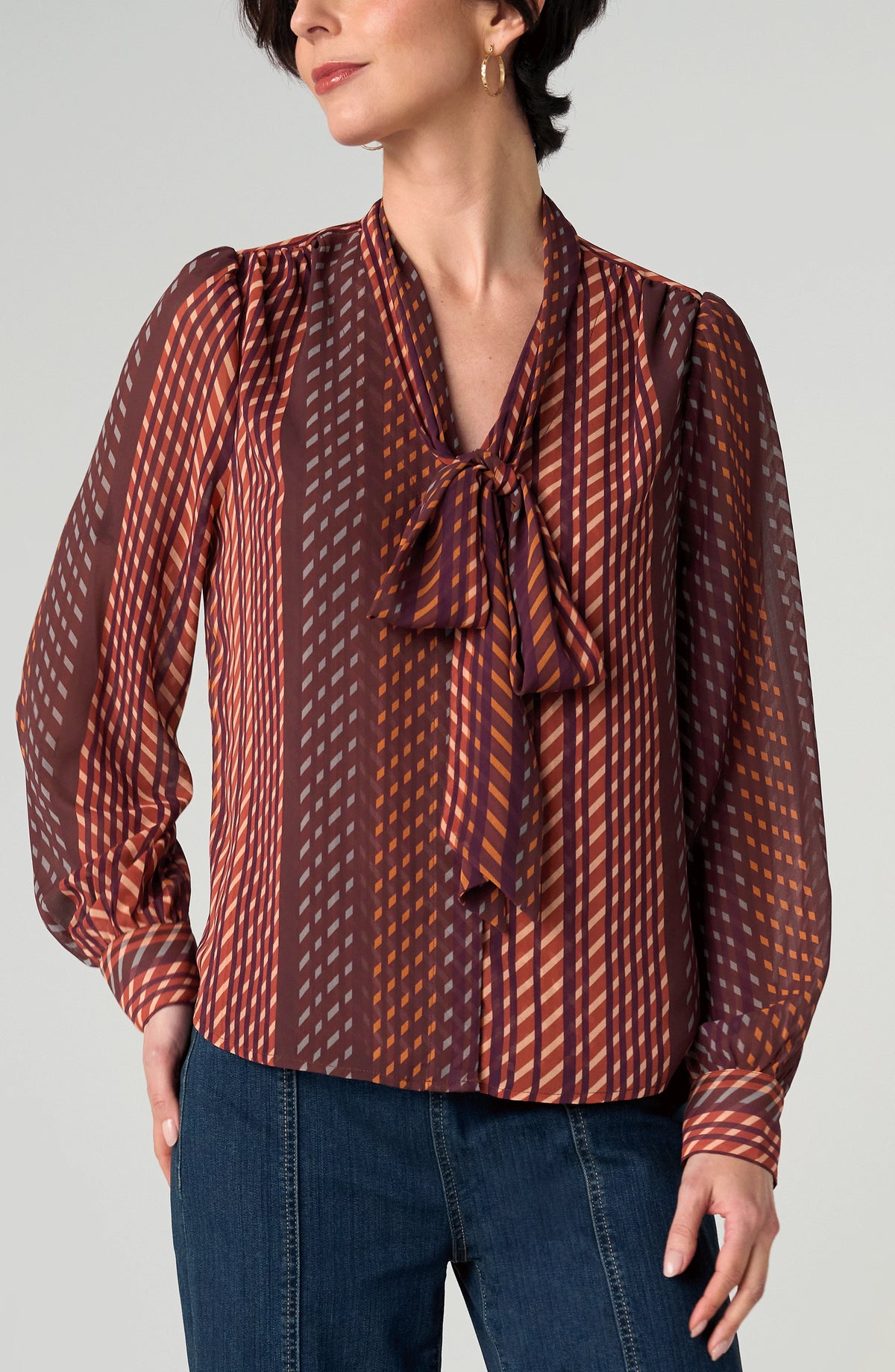 Long Sleeve Woven Blouse with Neck Tie