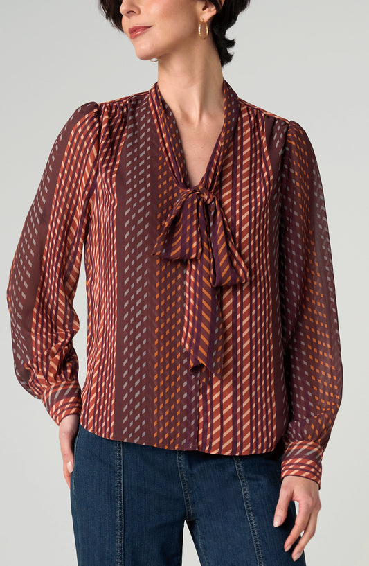 Long Sleeve Woven Blouse with Neck Tie