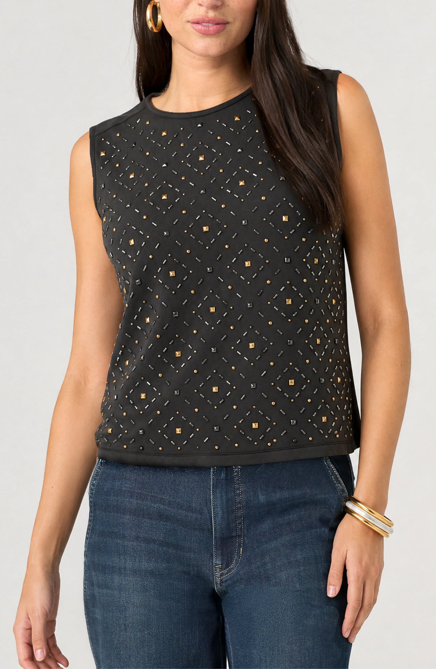 Sleeveless Embellished Knit-to-Woven Tee