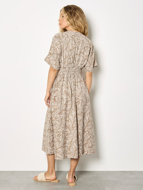Leaf Print Midi Shirt Dress