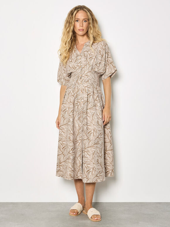 Leaf Print Midi Shirt Dress