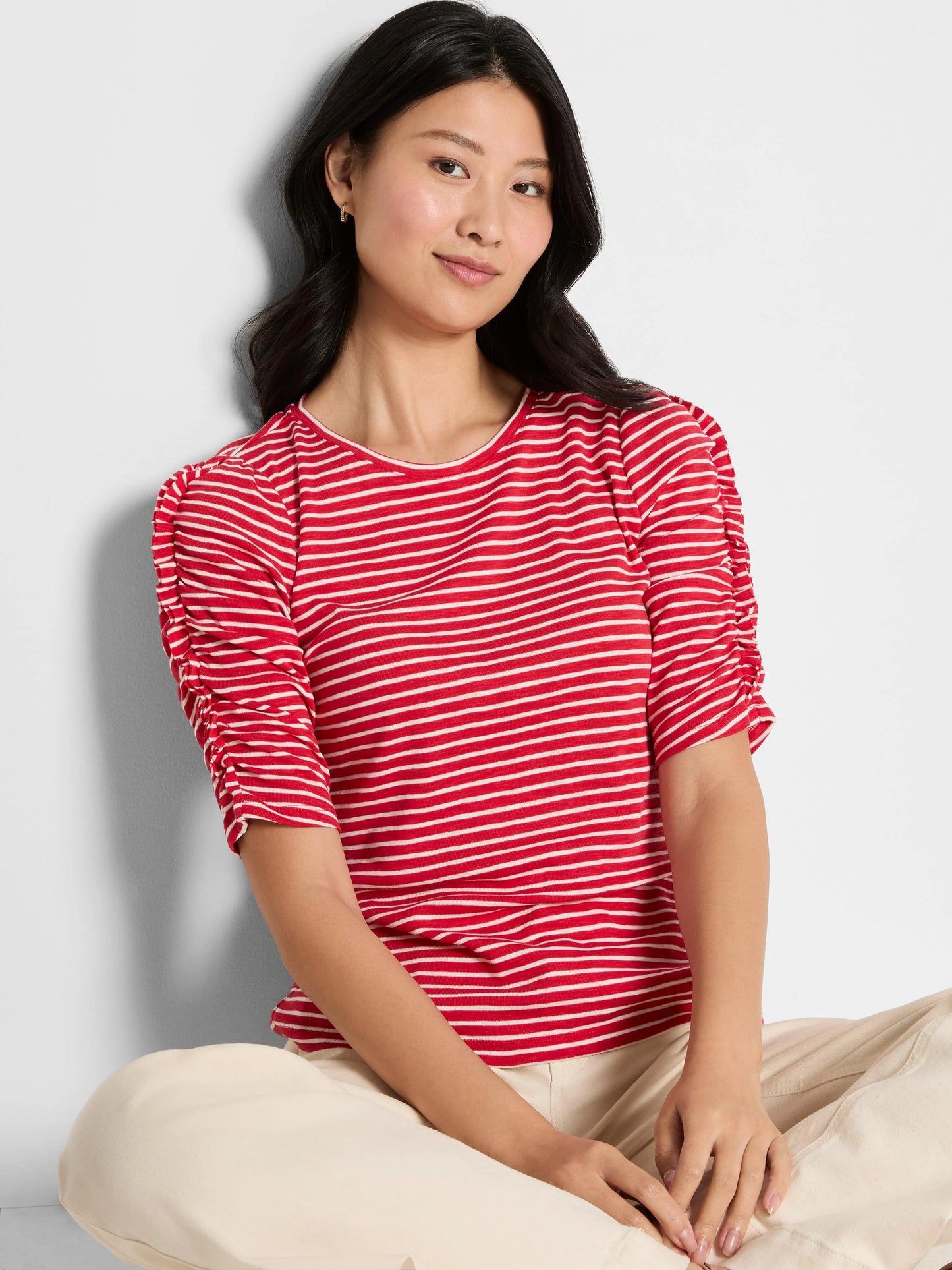 Striped Ruched Elbow Sleeve Tee