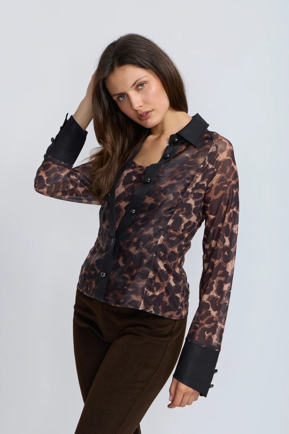 Leopard Pleather Trim Organza Blouse