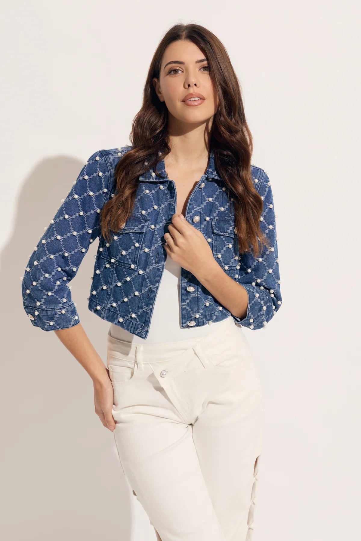 Diagonal Denim with Pearl Combo Crop Jacket
