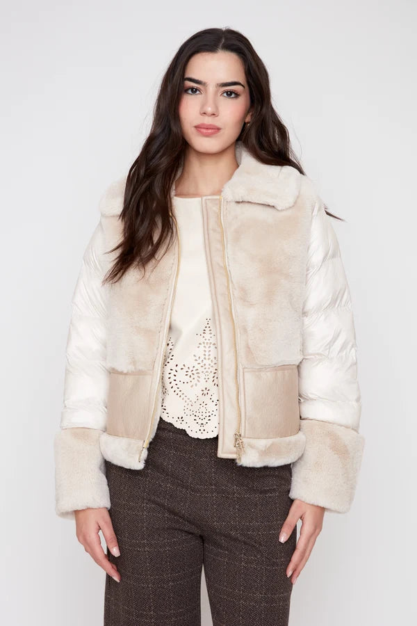 Mix Pleather Faux Fur Quilted Jacket