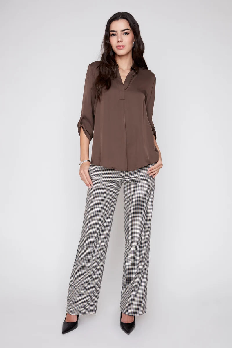 Satin V-Neck Blouse with Roll-Tab Sleeve