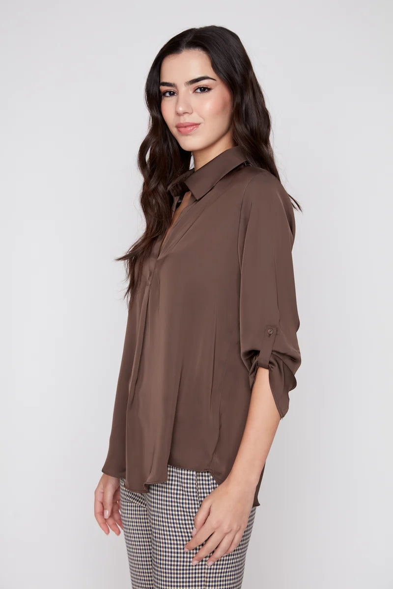 Satin V-Neck Blouse with Roll-Tab Sleeve