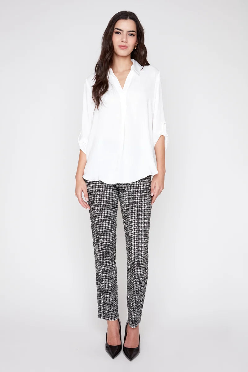 Satin V-Neck Blouse with Roll-Tab Sleeve