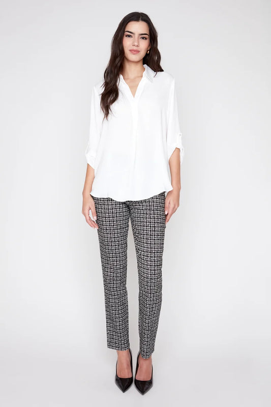 Satin V-Neck Blouse with Roll-Tab Sleeve