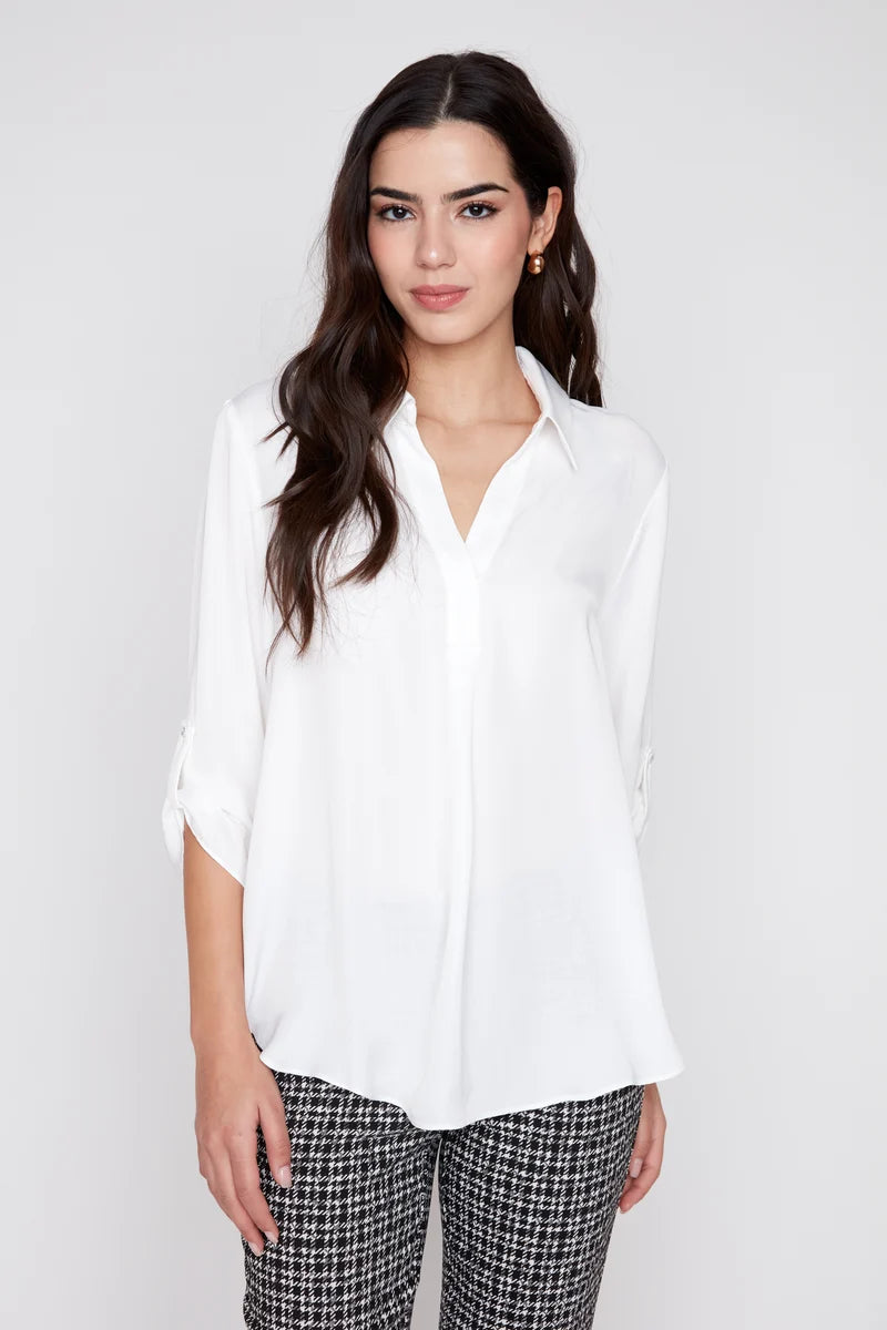 Satin V-Neck Blouse with Roll-Tab Sleeve