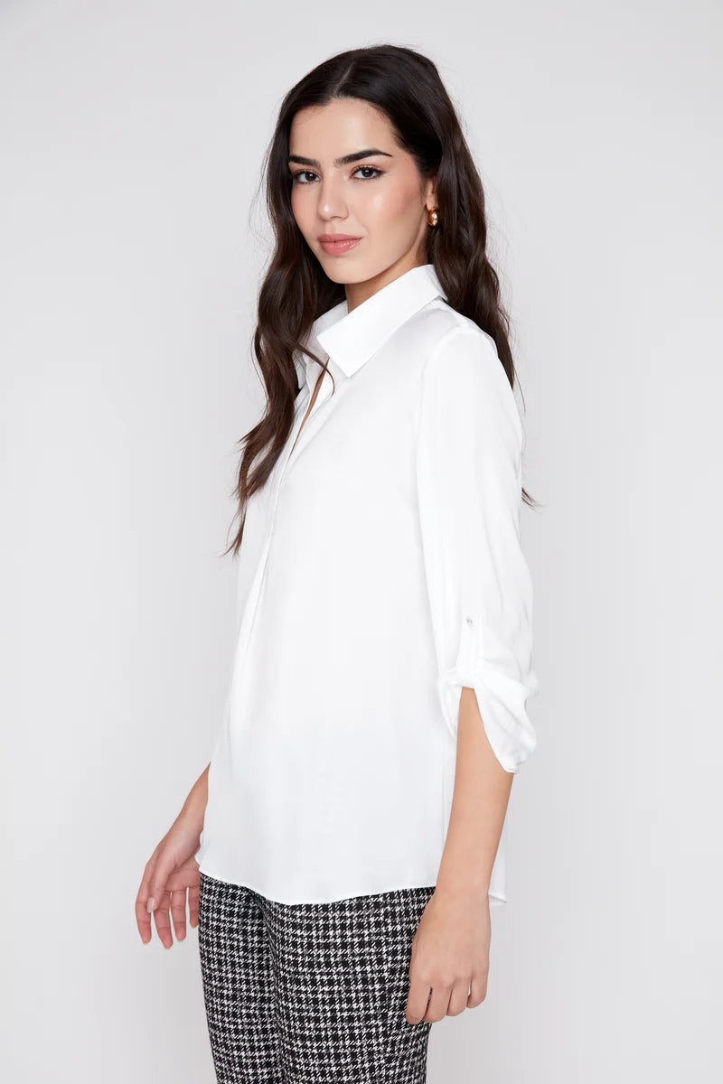 Satin V-Neck Blouse with Roll-Tab Sleeve