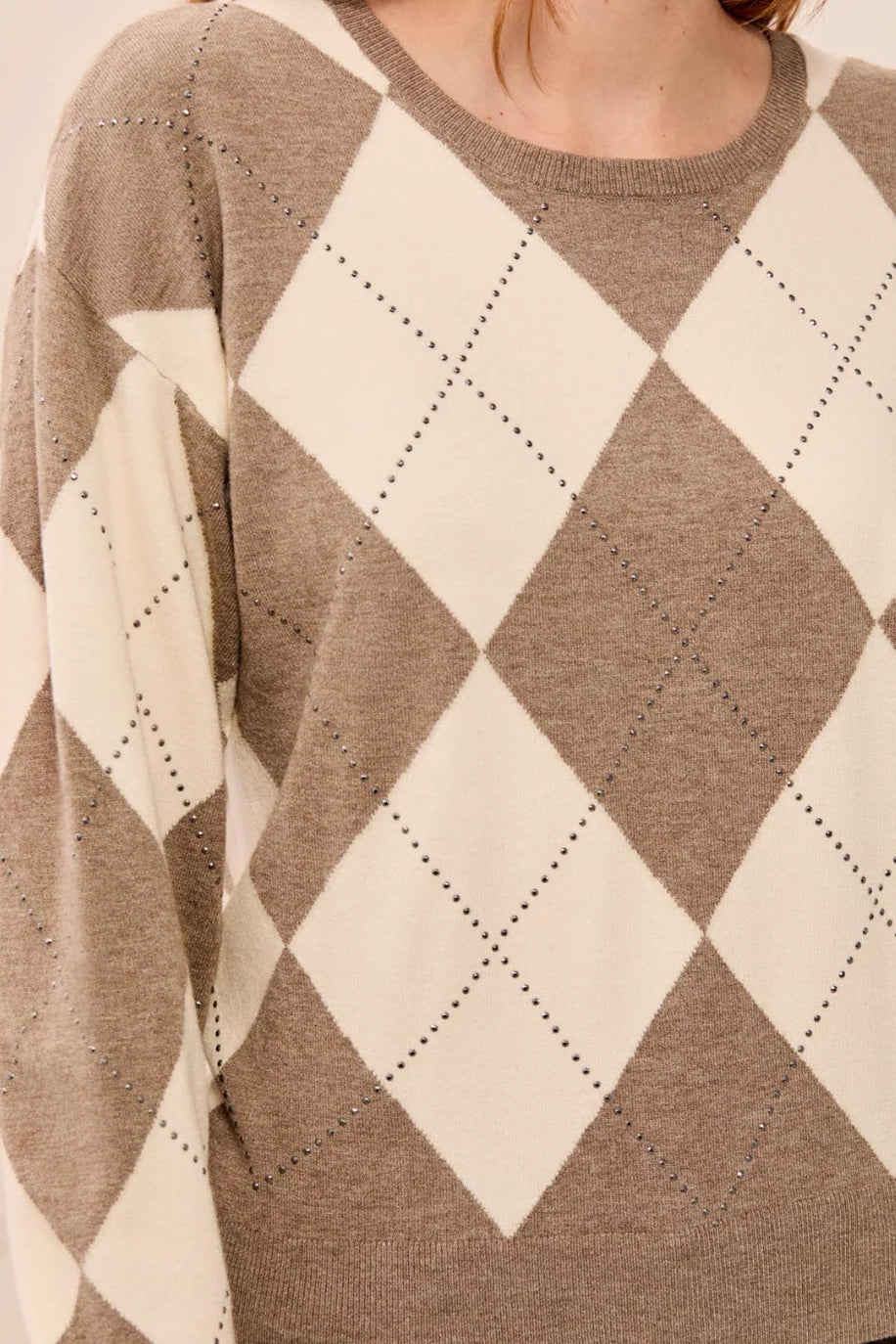 Studded Argyle Crewneck Sweater