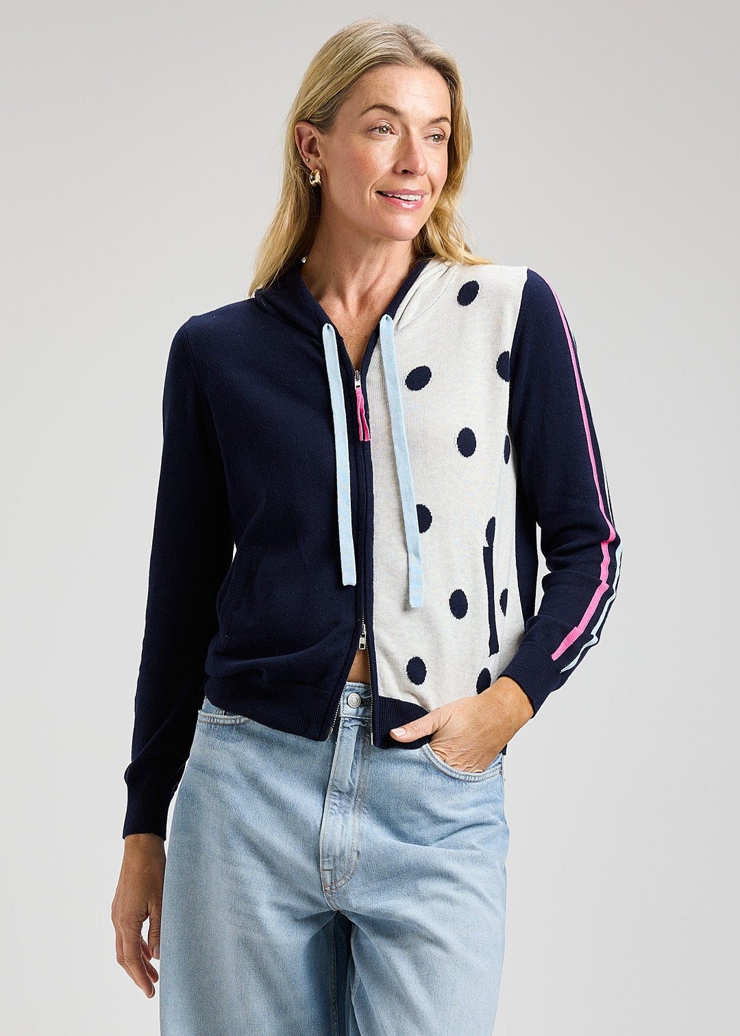 Dot & Color Block Zip Sweater