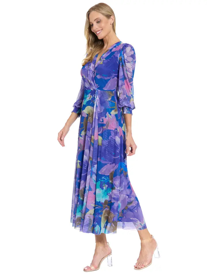 Shirred Faux Twist Bishop Sleeve Maxi Dress