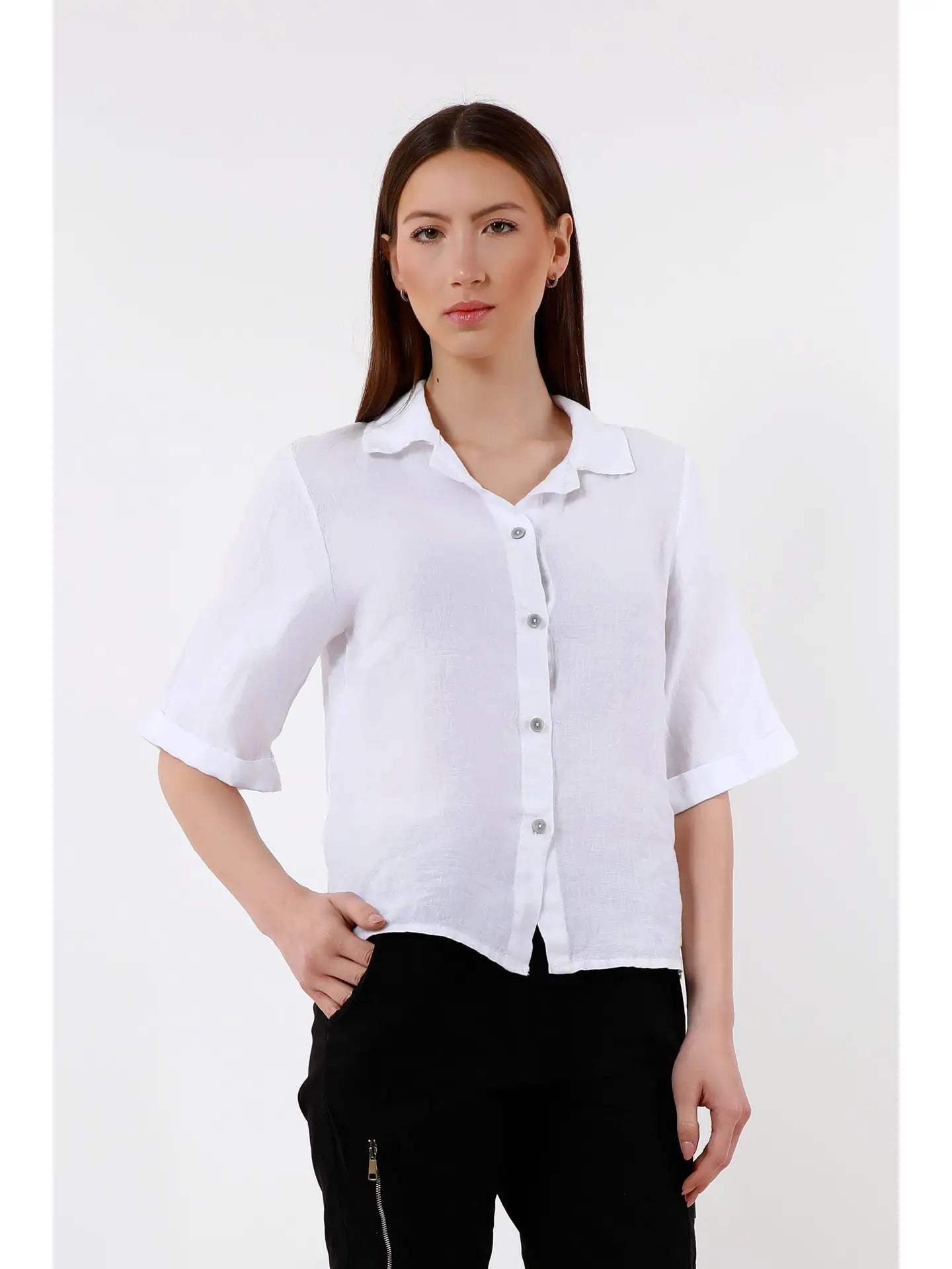 Milena 3/4 Sleeve Button Front Linen Top