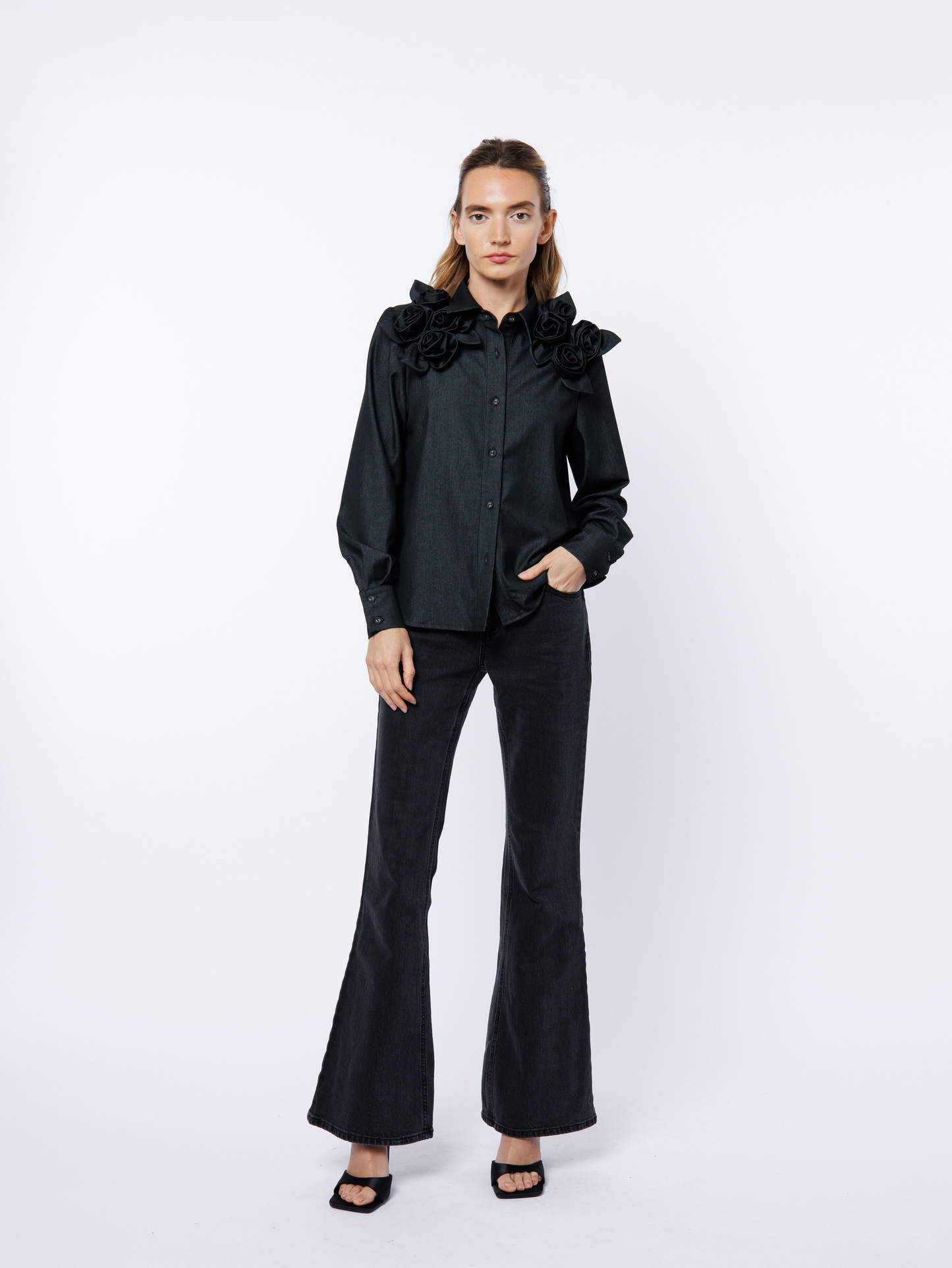 3D Flowers Denim Shirt