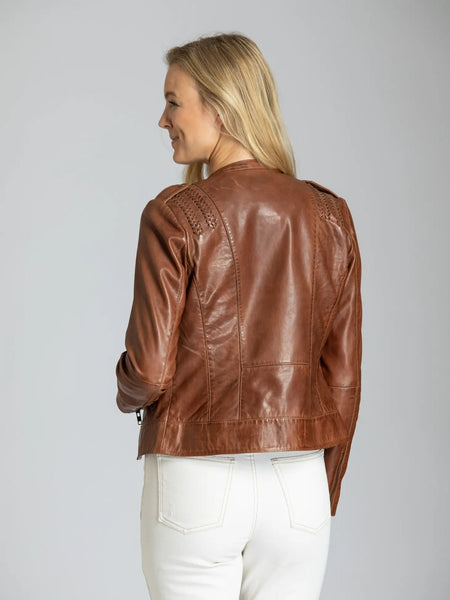 Classic Zip Front Leather Jacket with Braided Detail