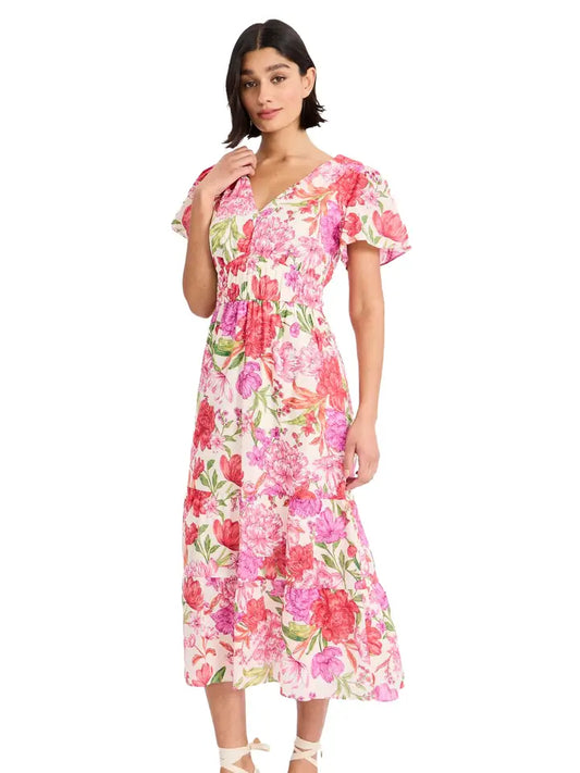 Tiered Midi Dress with Flutter Sleeves