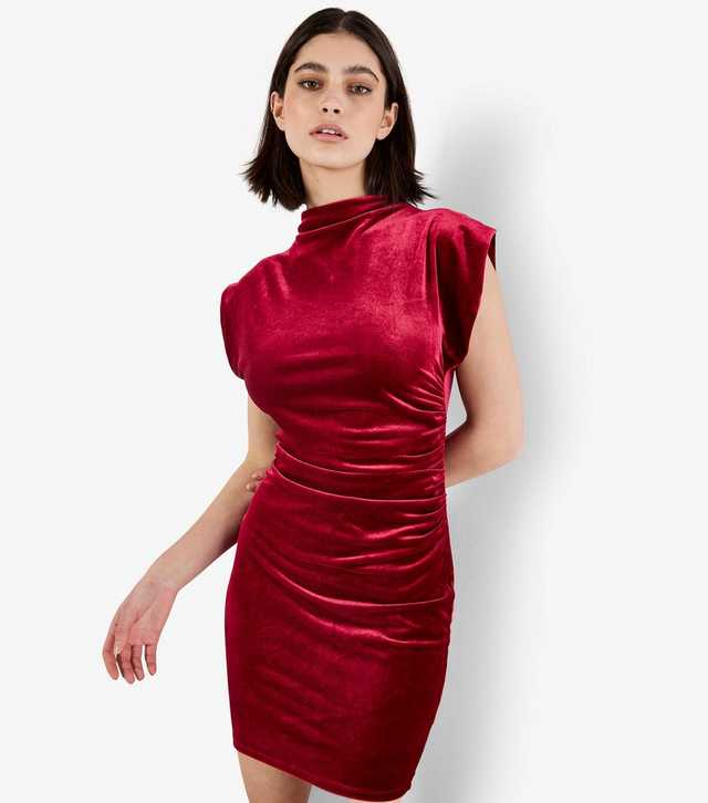 Velvet Cowl Neck Ruched Dress