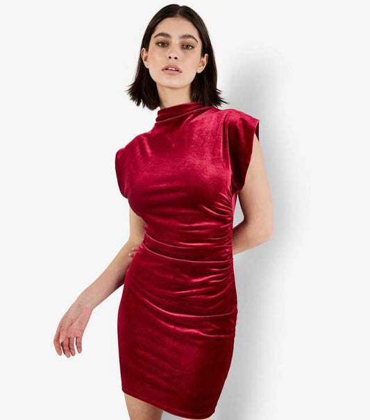 Velvet Cowl Neck Ruched Dress