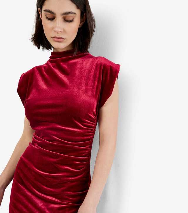 Velvet Cowl Neck Ruched Dress