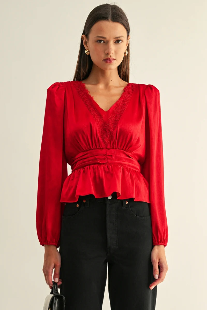 Jordyn Lace Inserted Long Sleeve Peplum Top