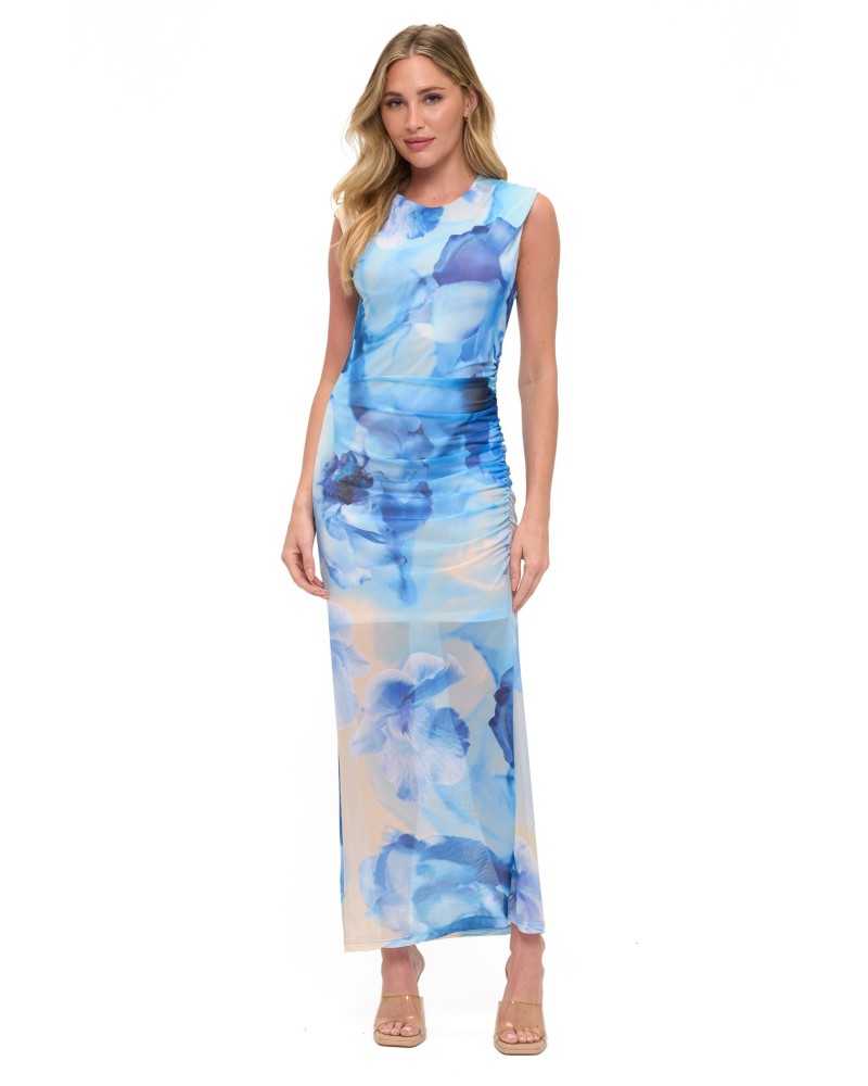 Ruched Mesh Midi Dress