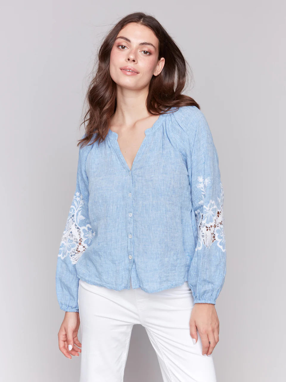 Button Front Blouse with Embroidery
