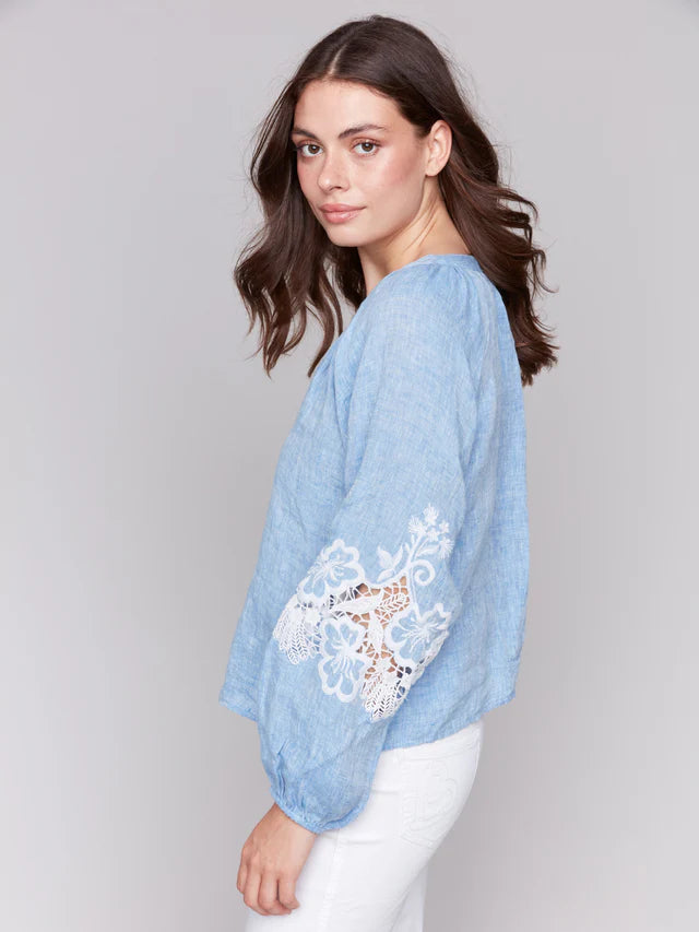 Button Front Blouse with Embroidery
