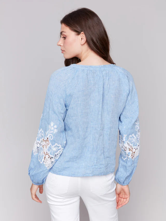 Button Front Blouse with Embroidery