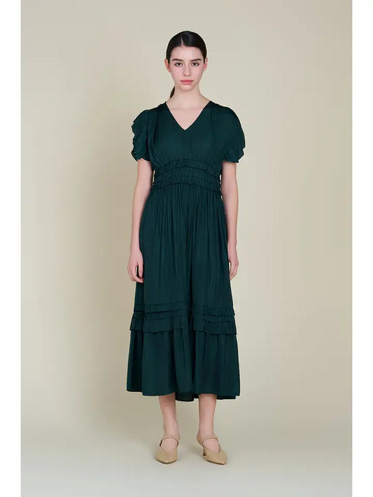Ruffled Satin V-Neck Dress
