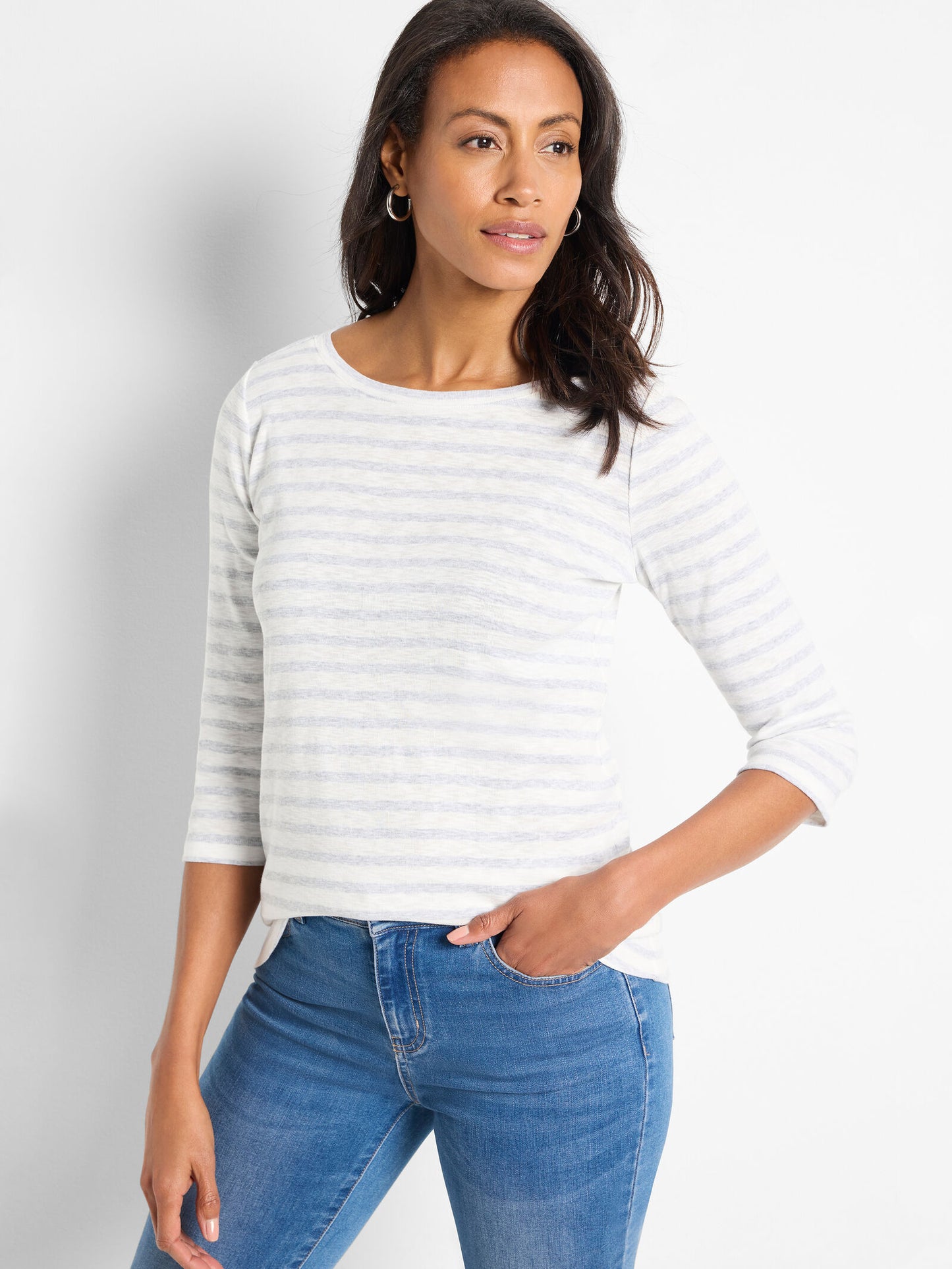 3/4 Sleeve Stripe Boat Tee