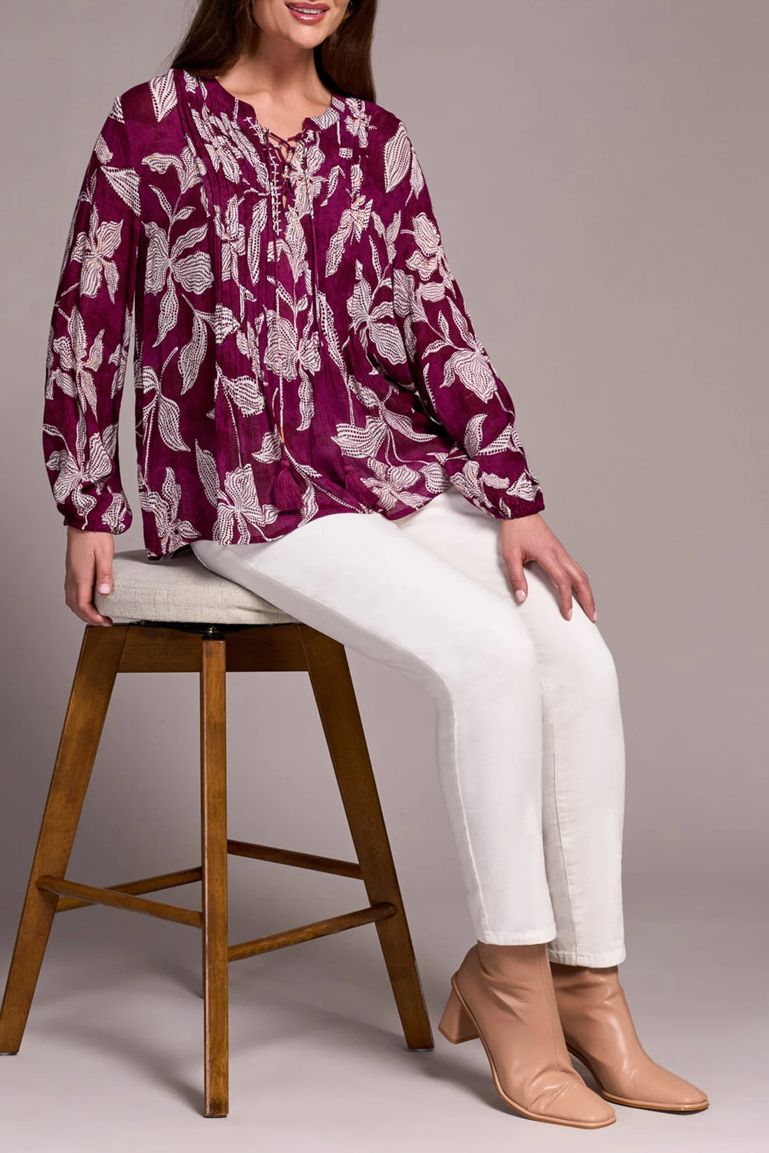 Pintuck Lace Up Blouse
