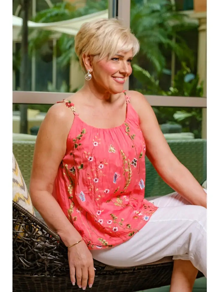 Maria Silk Embroidered Cami-Coral